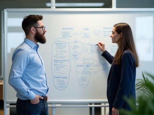 Coach explaining complex concepts to a client using a whiteboard, focusing on advanced behavioural interview techniques.