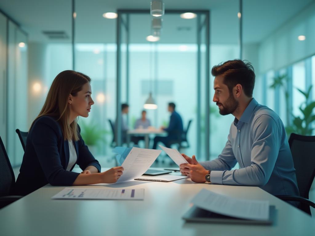 Executive coaching session focusing on interview preparation, with a coach and client reviewing documents in a modern office.