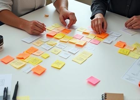 Two people collaborating on a strategic plan using sticky notes, symbolising the strategy building phase.